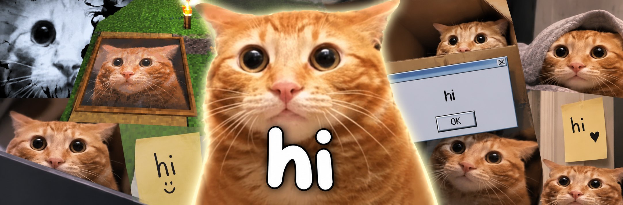 Collage of the orange hi cat on notes, in a box, in a dialog that says hi, and in a framed painting